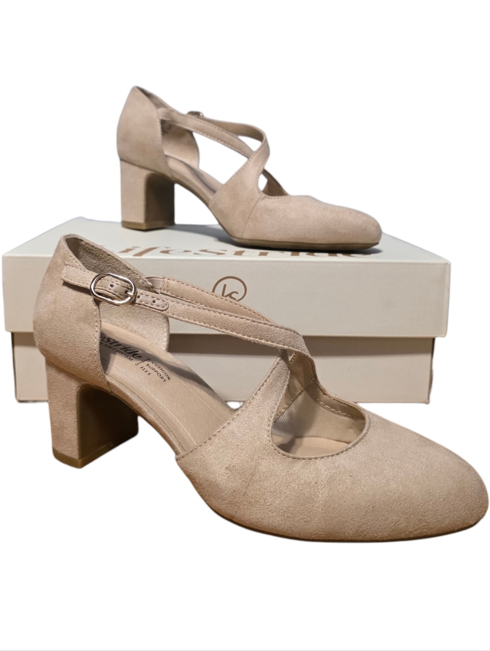 Life Stride Tracy Suede Cross-Strap Block Heel Pumps Beige Women's 6 Wide